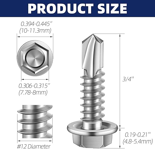 MewuDecor #12 x 3/4" Hex Washer Head Self Drilling Sheet Metal Screws with Drill Point, Stainless Steel 410, 100 PCS