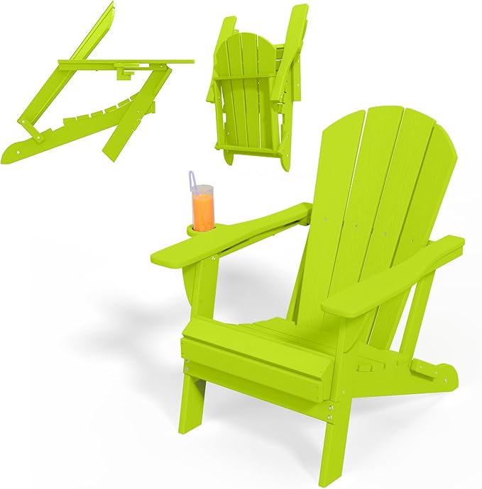 Folding Adirondack Chairs with Cup Holders, Set of 6 HDPE Plastic Outdoor Chairs, Weather Resistant, Real Wood Look, Heavy-Duty Patio Furniture for Deck, Fire Pit, Backyard, Apple Green