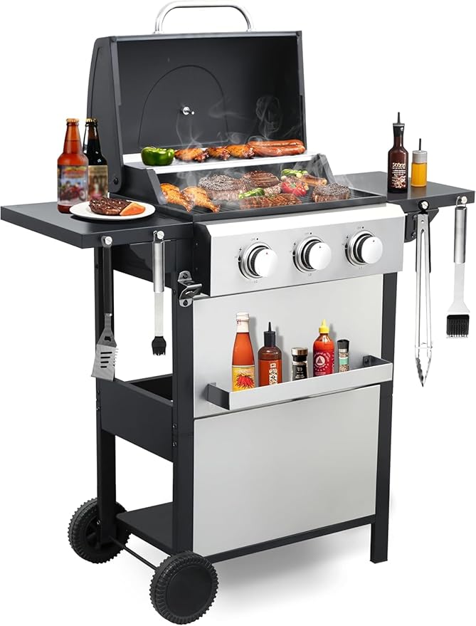 3 Burner Propane Gas Grill, Stainless Steel BBQ Grill, 2 Enameled Cast Iron Grill Grates, Portable with Wheels, 25,950 BTU, Outdoor Barbecue Grills