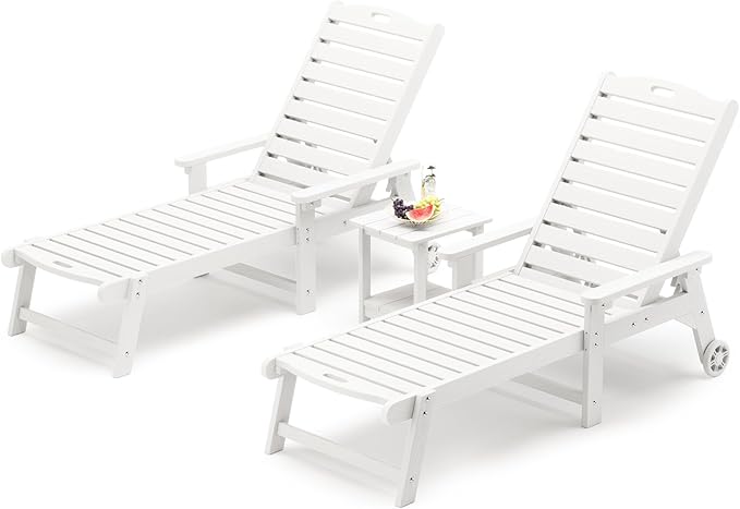 LUE BONA Chaise Lounge Chairs Set with Table, 3-Piece, HDPS Chaise Lounger, 5 Positions Adjustable Lounge Chairs, Pool Lounge Chair with Wheels for Poolside, 3 Year Warranty, White