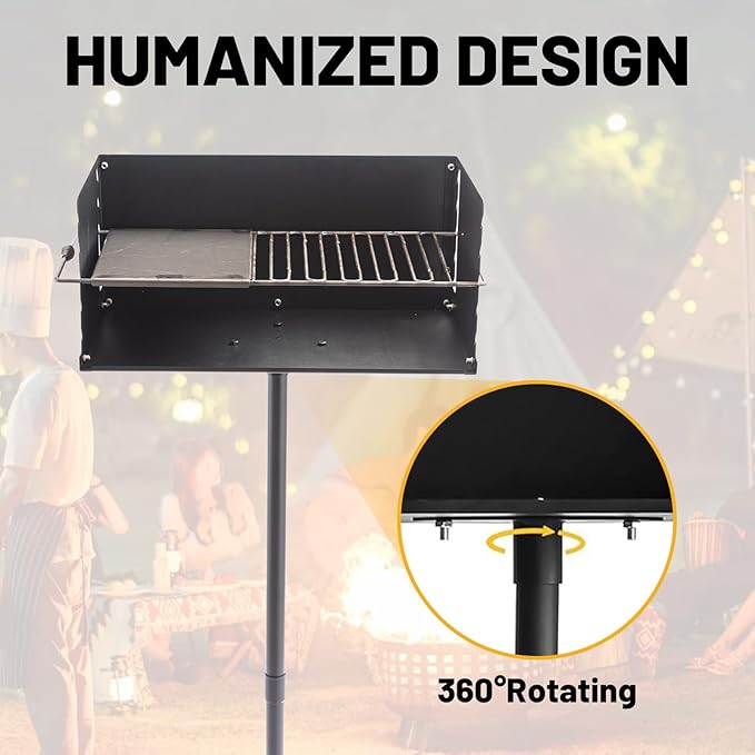 Park-Style Charcoal Grill Heavy Duty Steel Outdoor BBQ Grill with Grate and Single Post Outdoor Cooking Backyard Barbecues Camp Grilling 25x17x11 Inch