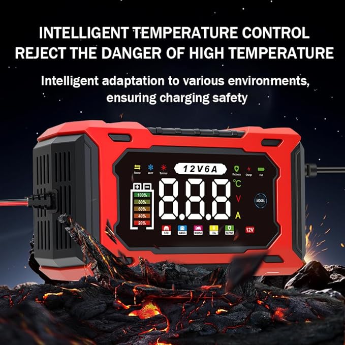 12V 6A Smart Battery Charger - Automotive Car/Motorcycle 12V Lead-Acid Battery Charger with LCD, Pulse Repair & Overcharge Protection