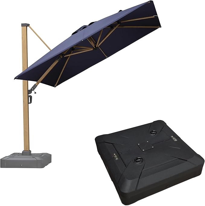 PURPLE LEAF 10FT Patio Umbrella With Base Square Cantilever Umbrella Teak Finished Aluminum Frame Large Windproof Offset Outdoor Sun Umbrellas for Beach Pool Deck, Navy Blue