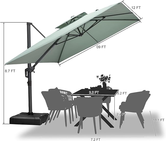 PURPLE LEAF 9' X 12' Double Top Cantilever Patio Umbrella Deluxe Large Outdoor Umbrella Rectangle Offset Umbrella with Fade Resistance for Garden Deck Pool Patio, Mint Green