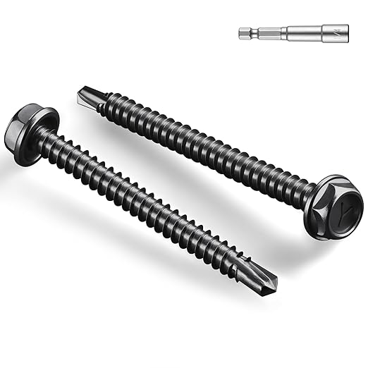 #8 x 1-3/4 Inch Self Drilling Screws, (104pcs) 1 lbs Black Self Tapping Screws for Metal, 410 Stainless Steel Hex Washer Head Sheet Metal Screw