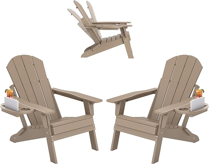 FOOWIN Folding Adjustable Adirondack Chair Set of 2,HDPE Adirondack Chair w/4 in 1 Cup Holder Trays,All-Weather Resistant Fire Pit Chair, Outdoor Chair for Patio Lawn Poolside,400lbs,Brown