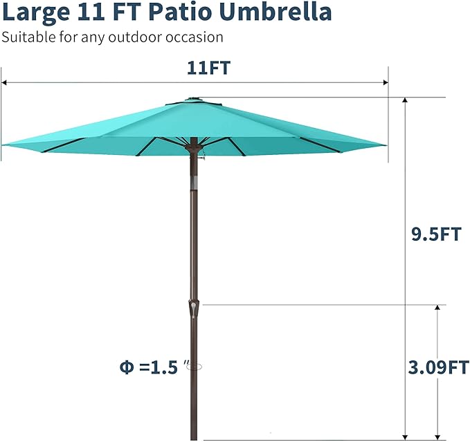 PatioKingdom 11FT Patio Umbrella,Outdoor Umbrella with Push Button Tilt and Crank,Market Table Umbrella with 8 Sturdy Fiberglass Ribs UV Protection(Peacock Blue, 11FT)