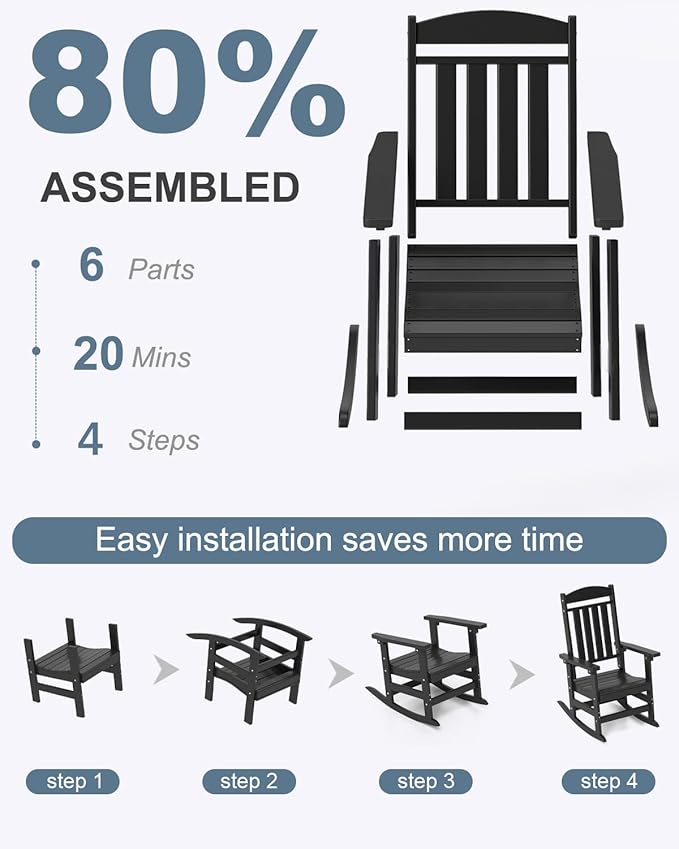Outdoor Rocking Chairs, Oversized High Back Patio Rocking Chairs, All Weather Porch Rocking Chairs for Outside.Black