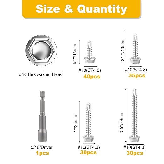 Self-Tapping Screws, 410 Stainless Steel, 125 PCS Assortment Kit with Driver, #10 1/2" 3/4" 1" 1-1/2", Hex Washer Head