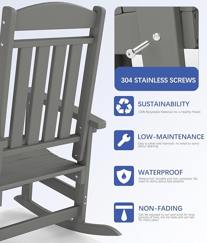 FOOWIN Outdoor Rocking Chair Set of 4, High Back Patio Rocking Chair, HDPE All Weather Resistant Porch Rocker for Adult, Oversized Rocking Chairs for Garden, Lawn, Indoor & Outdoor Use, Grey