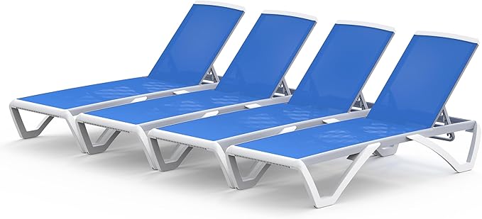 Domi Set of 4 Pool Lounge Chairs Aluminum Adjustable Outdoor Chaise Lounge,All Weather Plastic Poolside Lounge Chairs for Deck Lawn Backyard, Blue Textilene