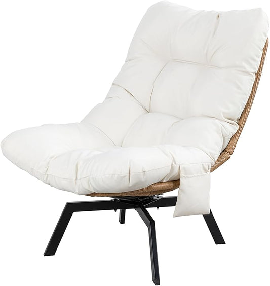 Shintenchi Outdoor Rattan Swivel Chair,Nature Wicker Patio Rotating Chair with Beige Thickened Cushion and Side Pocket,360° Rotation Patio Lounge Chairs for Living Room Bedroom Backyard Balcony