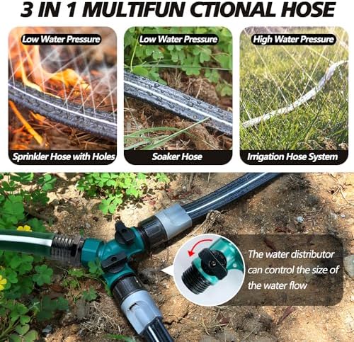 Sprinkler Hose with Holes 75 Ft (25 ft 3pack), Flat Soaker Hose 75 ft with Garden Staples and Splitters, Drip Line Irrigation Hoses for Lawn, Vegetable Watering Hose (75 ft)