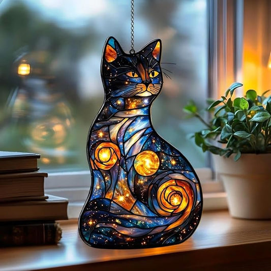 Starry Night Cat Christmas Ornament Animal Suncatcher Celestial Window Hanging Stained Glass Effect Acrylic Art Unique Cat Lover Gift Thanksgiving