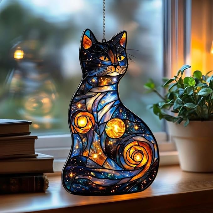 Starry Night Cat Christmas Ornament Animal Suncatcher Celestial Window Hanging Stained Glass Effect Acrylic Art Unique Cat Lover Gift Thanksgiving