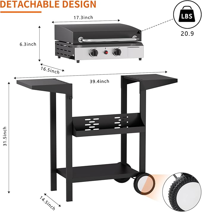 SKOK 2 Burner Outdoor Gas Griddle with Hood, Portable Flat Top Gas Grill-Table Top Propane Griddle Station with Side Shelves for Kitchen, Outdoor BBQ, Camping