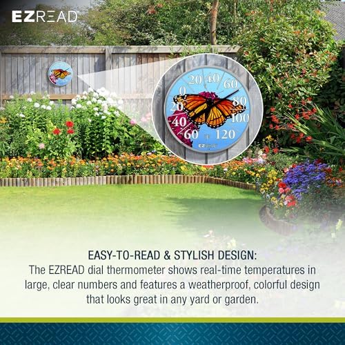 EZREAD Hanging Dial Thermometer 840-1235 Weather Thermometers for Indoor and Outdoor Use, Large 12.5 Inch Diameter, Easy to Read Numbers, Butterfly