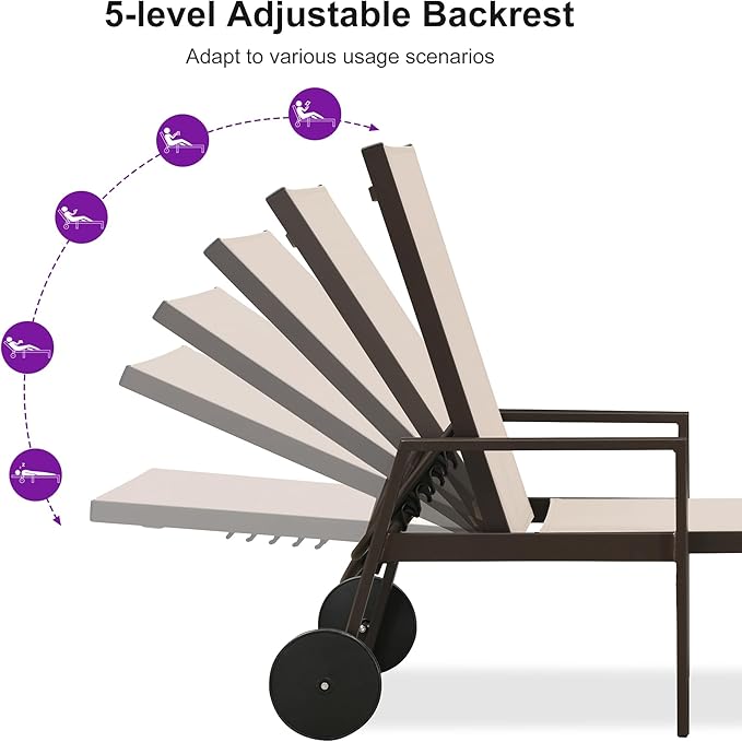 PURPLE LEAF Pool Lounge Chairs Set of 3 Aluminum Outdoor Lounge Chairs with Wheels and Armrests Adjustable Patio for Deck Outside Lawn Garden, Sand Beige