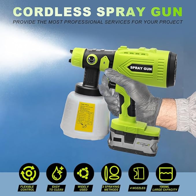 Paint Sprayer Compatible with Roybi 18V Lithium Battery, Cordless Paint Sprayer HVLP Spray Gun with Copper Nozzle, 200W Power Easy to Clean for Home Interior,Exterior, Renovation(Tool Only)