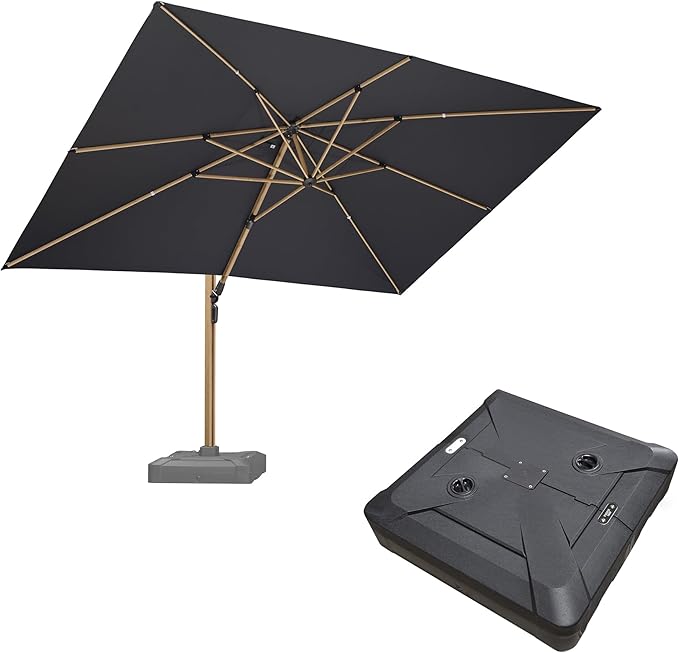 PURPLE LEAF 10‘ x 13’ Rectangle Patio Cantilever Umbrella With Base Large Hanging Umbrella Teak Finished Aluminum Frame Windproof Offset Outdoor Sun Umbrellas for Beach Pool Deck, Grey