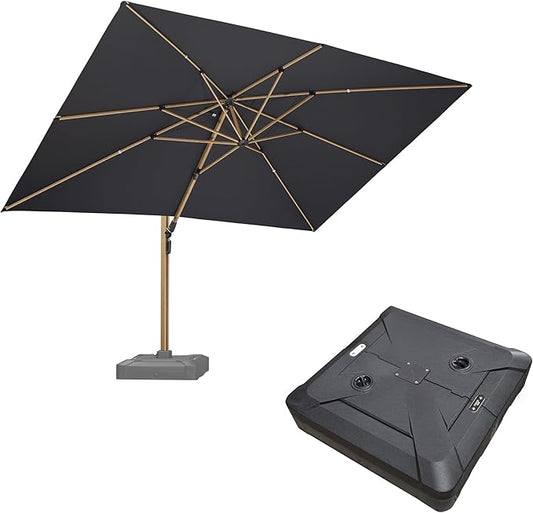 PURPLE LEAF 10‘ x 13’ Rectangle Patio Cantilever Umbrella With Base Large Hanging Umbrella Teak Finished Aluminum Frame Windproof Offset Outdoor Sun Umbrellas for Beach Pool Deck, Grey
