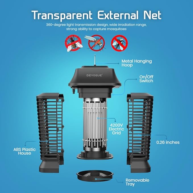 DEVOGUE® Electric Bug Zapper - Electric Blue Violet Attract Insect Light - Modern Stylish Mosquito Fly Killer - Fly Mosquito Control Bug Zapper Outdoor & Home and Kitchen (Black)