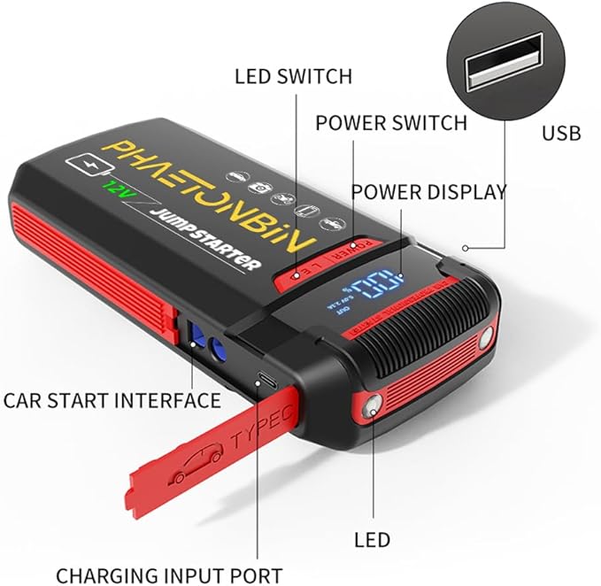 1500A Jump Starter for 7.0L Gas/3.5L Diesel Engine, 12V Car Battery Charger Portable with Jumper Cables,LED Display, LED Light, Power Bank with USB, Type C Port
