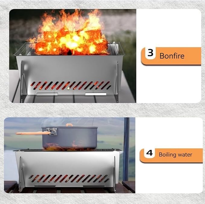 Portable Folding BBQ Grill for 1-2 People - Mini Charcoal Grill for Camping, Compact Stainless Steel Fire Pit with Carry Bag, Comes with 10 barbecue skewers and a silicone brush (8.2X5.5 IN)