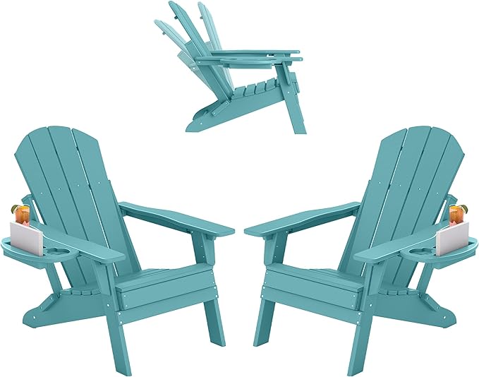 FOOWIN Folding Adjustable Adirondack Chair Set of 2,HDPE Adirondack Chair w/4 in 1 Cup Holder Trays,All-Weather Resistant Fire Pit Chair, Outdoor Chair for Patio Lawn Poolside,400lbs,Lake Blue
