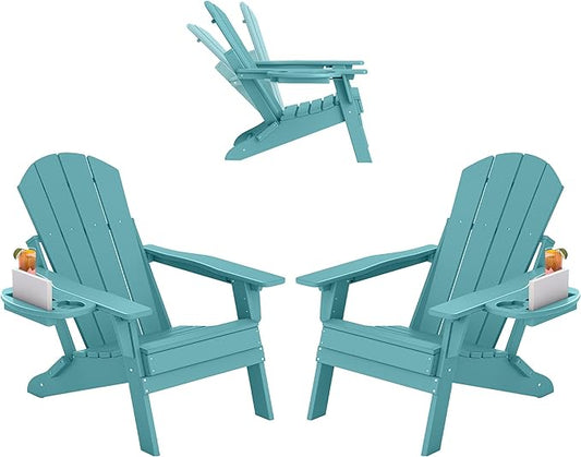 FOOWIN Folding Adjustable Adirondack Chair Set of 2,HDPE Adirondack Chair w/4 in 1 Cup Holder Trays,All-Weather Resistant Fire Pit Chair, Outdoor Chair for Patio Lawn Poolside,400lbs,Lake Blue