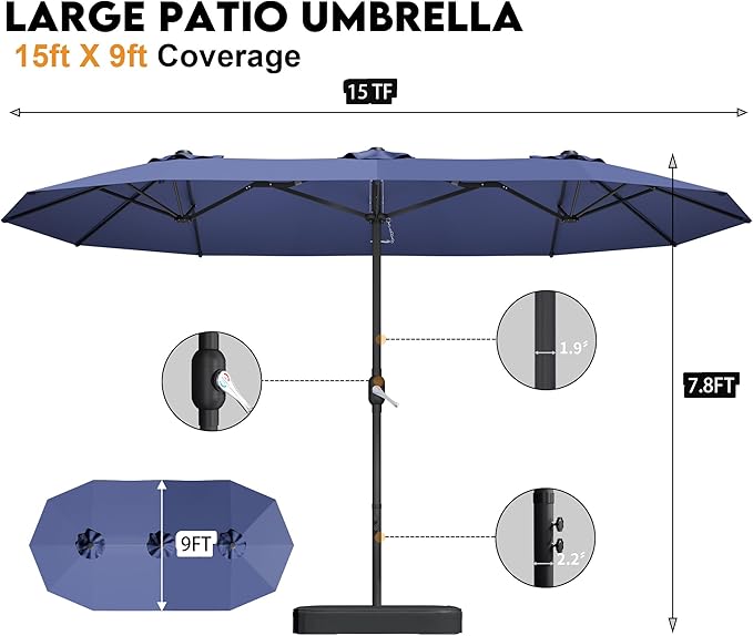 15ft Patio Umbrella with Base,Large Outdoor Double-Sided Rectangle Umbrella with Crank Handle, Market Umbrella for Poolside Garden Deck Backyard Beach Pools, Blue