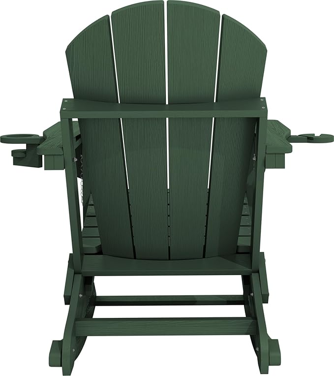 KINGYES Adirondack Rocking Chair Set of 2 with Retractable Ottoman and Cup Holders, HDPE Adirondack Rocker Patio Rocking Chair for Porch, Patio, Balcony, Green