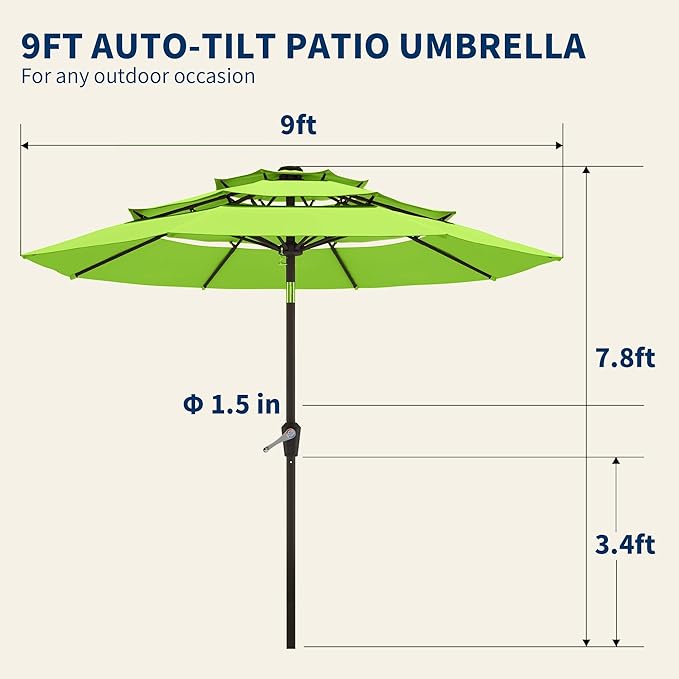 9FT 3 Tiers Patio Umbrella with Auto Tilt and Crank,Outdoor Table Market Umbrella with 8 Sturdy Ribs for Garden,Lawn,Deck,Backyard and Pool,Apple Green
