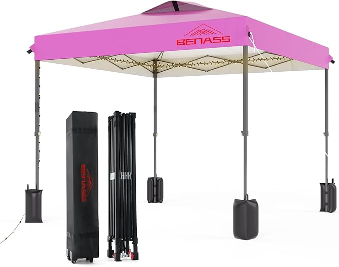 10x10 Pop Up Canopy, Easy Up Canopy Tent, Heavy Duty Tents for Parties, One Person Set Up Event Tent, Pink