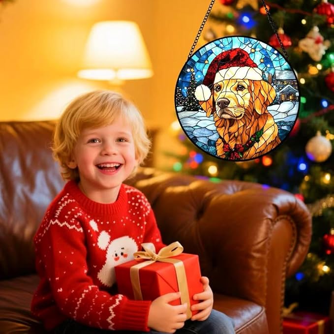 Stained Glass Window Hanging - Christmas Tree and Golden Retriever Suncatcher fof Garden Home Decor for Women Mon Grandma Friends