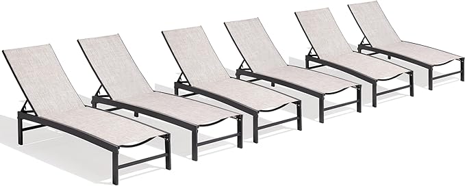 Chaise Lounge Chair, Set of 6 Outdoor Recliner Lounge Chair Sun Loungers, All Weather Chaise with 5 Adjustable Backrest and Lay Flat Positions for Garden, Balcony, Pool, Earth