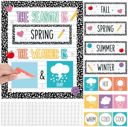 Composition Notebook Season and Weather Calendar Bulletin Board Season Calendar Posters with Weather Cards Hook and Loop Dots for Classroom Wall Decor Preschool Kindergarten Student Teacher Supplies
