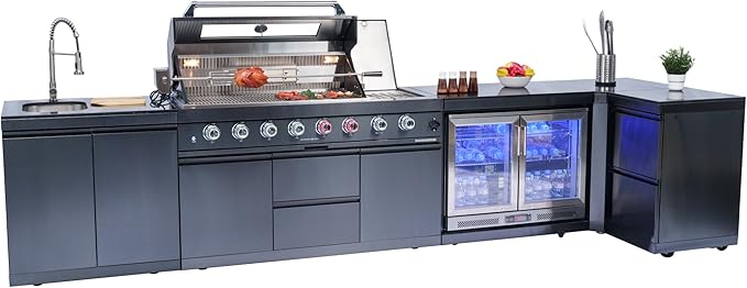 157-Inch 6-Burner 96000 BTU Propane Gas Outdoor Kitchen Island - Stainless Steel Grill with Wine Cooler, Rotisserie, Granite Countertops, Storage Cabinets & Drawers, Black