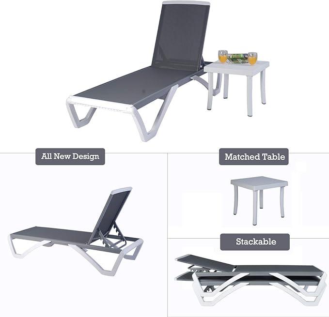Kozyard Patio Chaise Lounge Chair - Full Flat Alumium & Resin Legs, Outdoor Reclining Adjustable Chair for Sunbathing, Patio,Beach, Lounge with Table (Gray Textilene with Table)