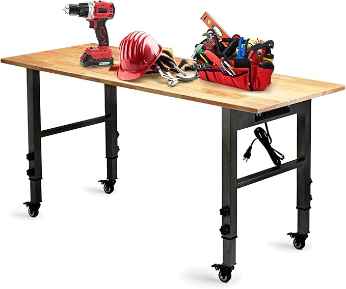 54.3 "Adjustable Workbench with Power Outlet, Heavy Duty 2000 LBS Load Capacity Hardwood Workbench Suitable for Workshop, Office, Garage, Home (Metal Wheels丨Power Outlets 54.3"x21.6")