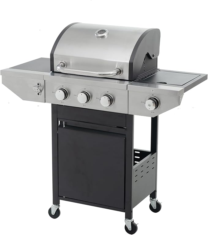3 Burner Propane Gas Grill with Side Burner, 37,000 BTU Stainless Steel BBQ Grill with Foldable Shelves, Thermometer, Wheels, Ideal for Patio, Backyard, Outdoor Cooking, Barbeque