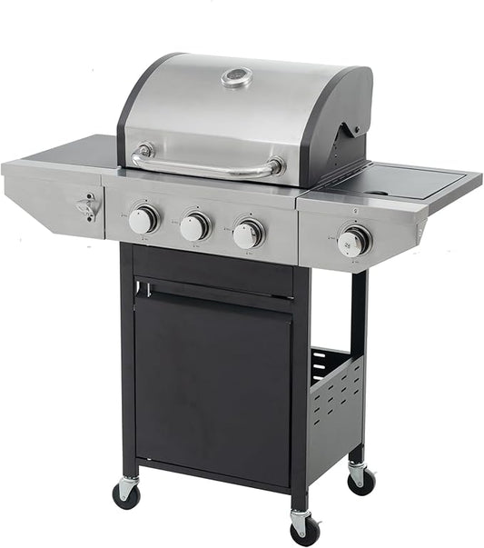 3 Burner Propane Gas Grill with Side Burner, 37,000 BTU Stainless Steel BBQ Grill with Foldable Shelves, Thermometer, Wheels, Ideal for Patio, Backyard, Outdoor Cooking, Barbeque
