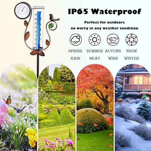JOYBEE Bird Rain Gauge with Thermometer Garden Decor, Accurate Rain Gauges Outdoors，Rain Gauge for Yard with Stake, Decorative Rain Measure Gauge for Garden, Deck, Lawn with Large Numbers