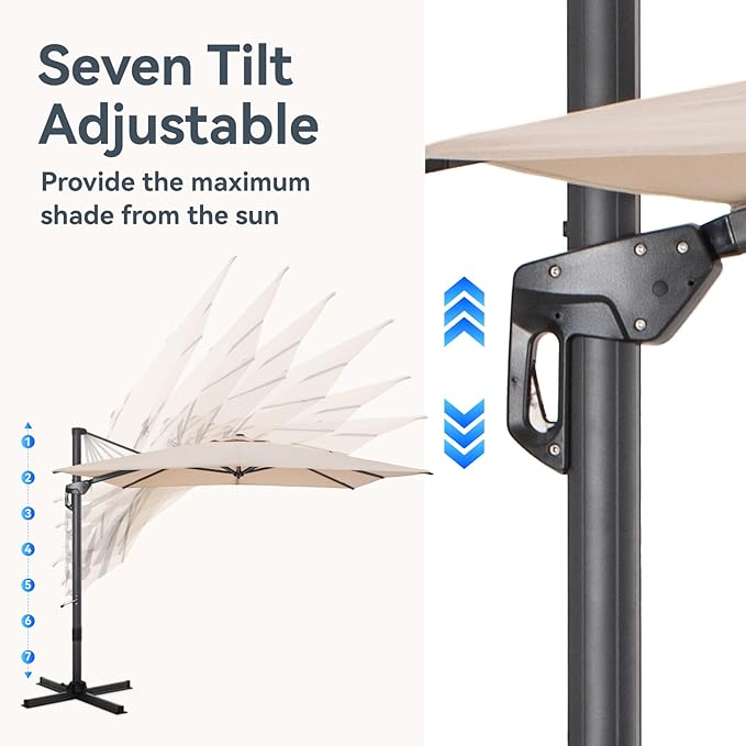 GREEN PARTY 10x10 ft Cantilever Patio Umbrella with Base, Rectangle Offset Outdoor Umbrellas with 360° Rotation, 5-Year-Non-Fading Hanging Pool Umbrella for Garden Deck Poolside - Beige