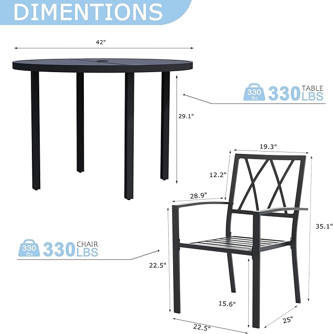 7 Piece Outdoor Dining Set, Patio Dining Set for 6, 47" Black Round Table with 6 Black Metal Outdoor Dining Chairs with Armrest for Lawn, Garden, or Porch
