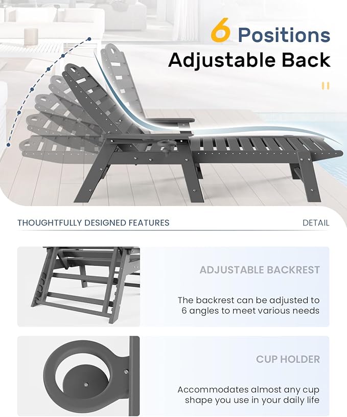 Ciokea Chaise Lounge for Outdoor, Patio Lounge Chairs for Outside, Chaise Lounge Chair with 6 Positions, HDPE Lounge Chair with Cup Holder for Pool Poolside Deck Backyard Lawn, Grey