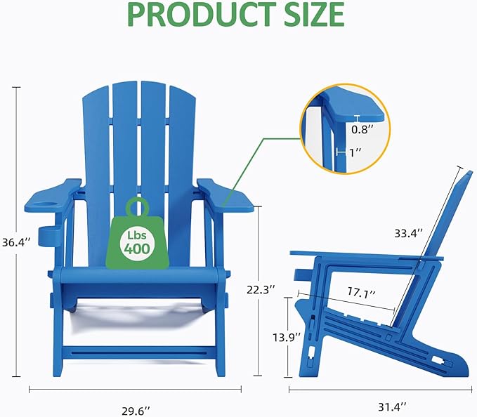 Adirondack Chair Set of 4, All Weather Plastic Adirondack Chairs, Fire Pit Chairs with Cup Holder, Outdoor Lawn Chair for Patio, Garden, Backyard, Klein Blue