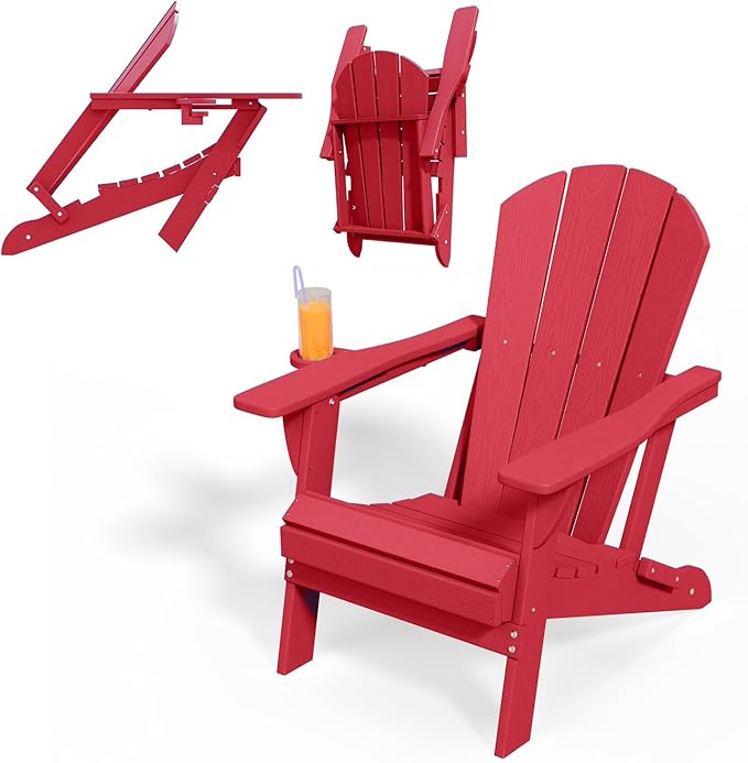 Folding Adirondack Chairs with Cup Holders, Set of 6 HDPE Plastic Outdoor Chairs, Weather Resistant, Real Wood Look, Heavy-Duty Patio Furniture for Deck, Fire Pit, Backyard, Red