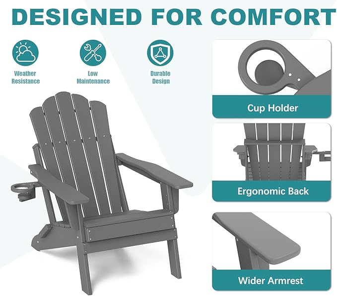FOOWIN Adjustable Adirondack Chair, Folding Adirondack Chair with Cup Holder, HDPE All-Weather Fire Pit Chair with 3 Recline Positions, Suitable for Patio, Garden, Backyard, Poolside, Grey