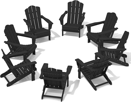 KINGYES Folding Adirondack Chair Set of 8, HDPE All-Weather Patio Chairs, Wooden Textured Lawn Chair for Poolside, Backyard, Deck, Fire Pit, Black